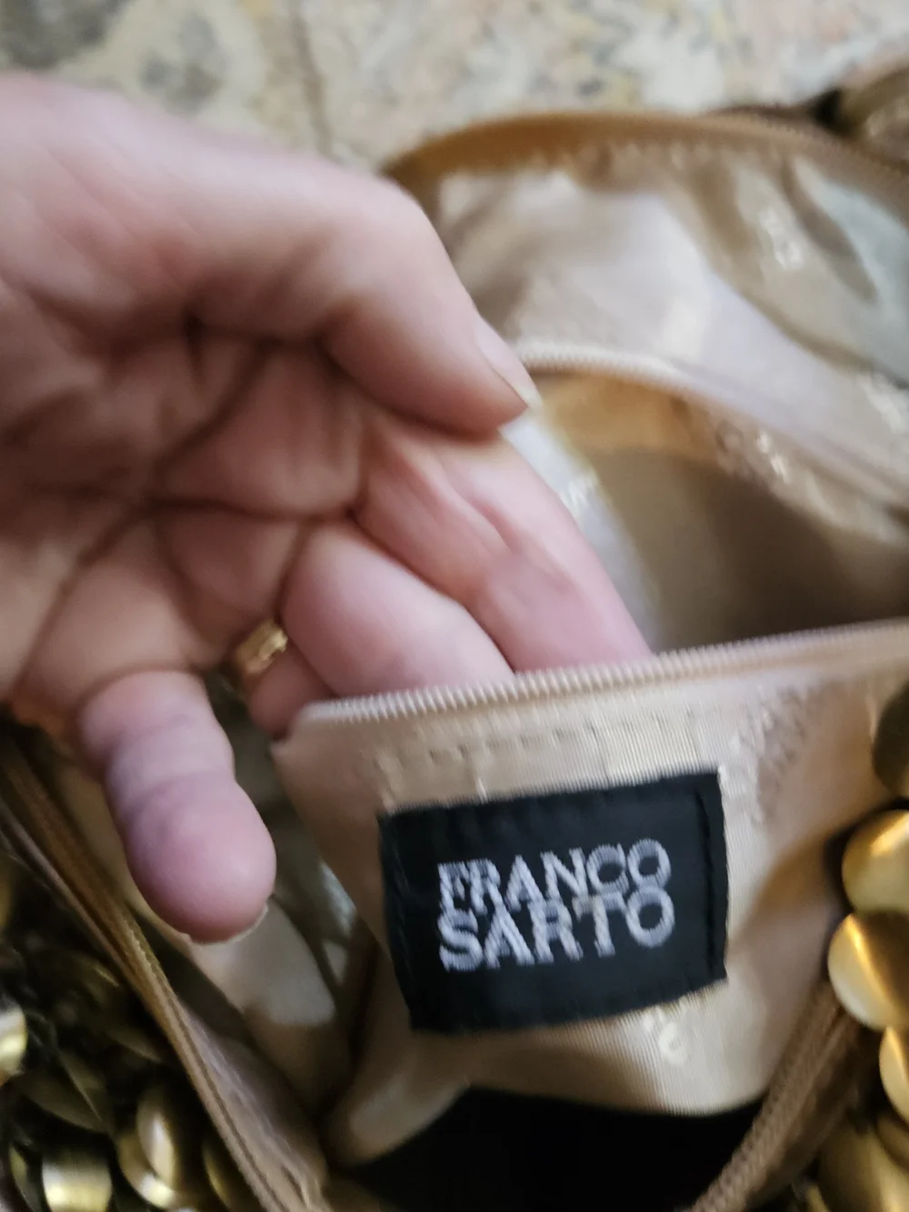 Franco Sarto Metallic Bronze Hobo Bag Coin Trim Slouchy Boho Shoulder Glam Purse